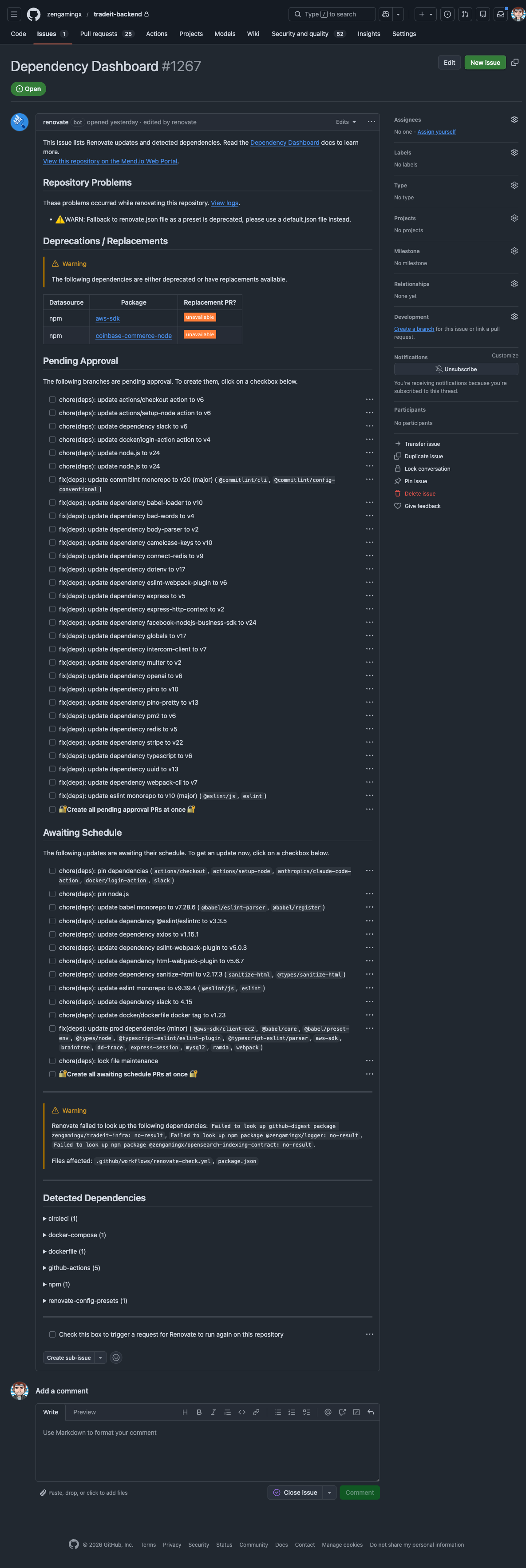 GitHub Dependency Dashboard issue screenshot